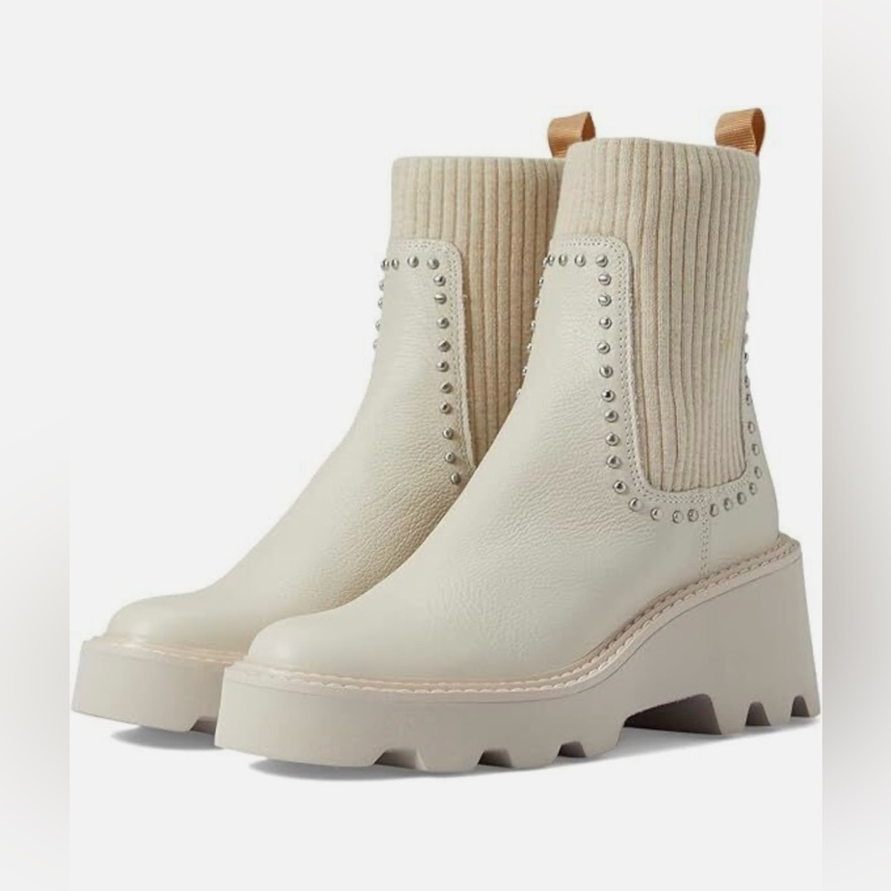 Dolce Vita Hoven Stud H2O Ivory Leather Pull On Round Toe Chunky Platform Boots